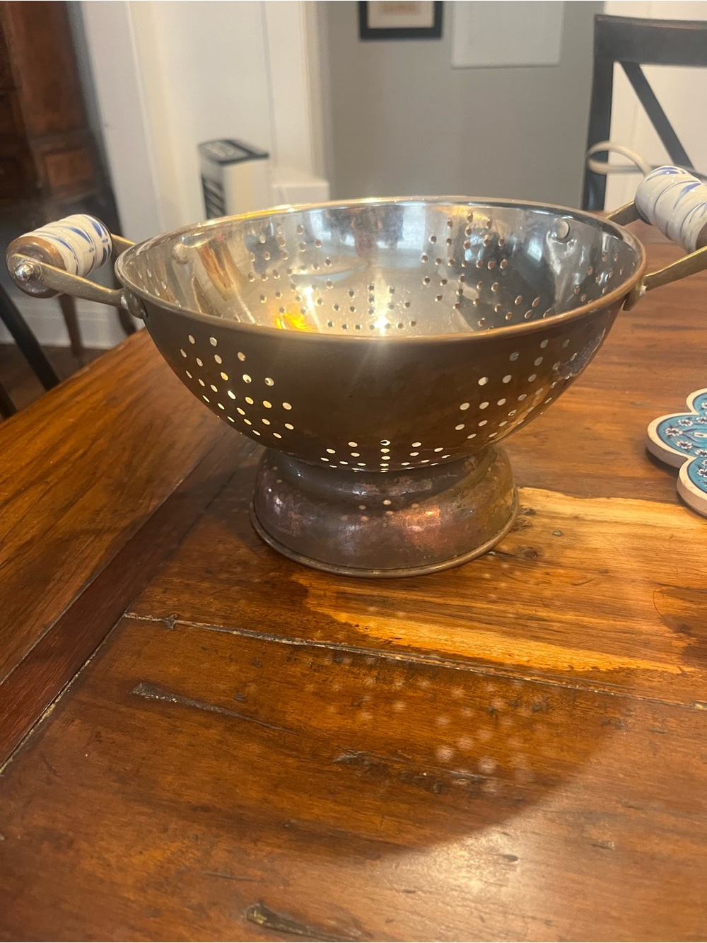 Copper Pedestal Colander with Ceramic-Handled Arms ( very old)